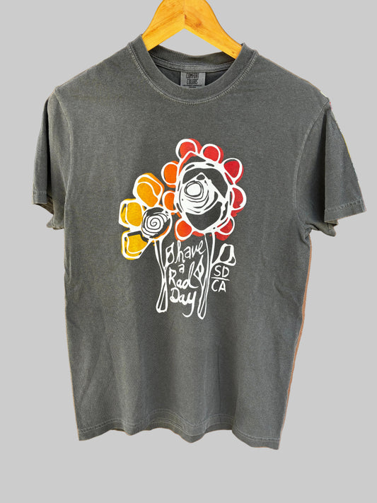 Gray t-shirt with a colorful graphic design that say Have A Rad Day hand printed on Comfort Colors brand of shirt. 
